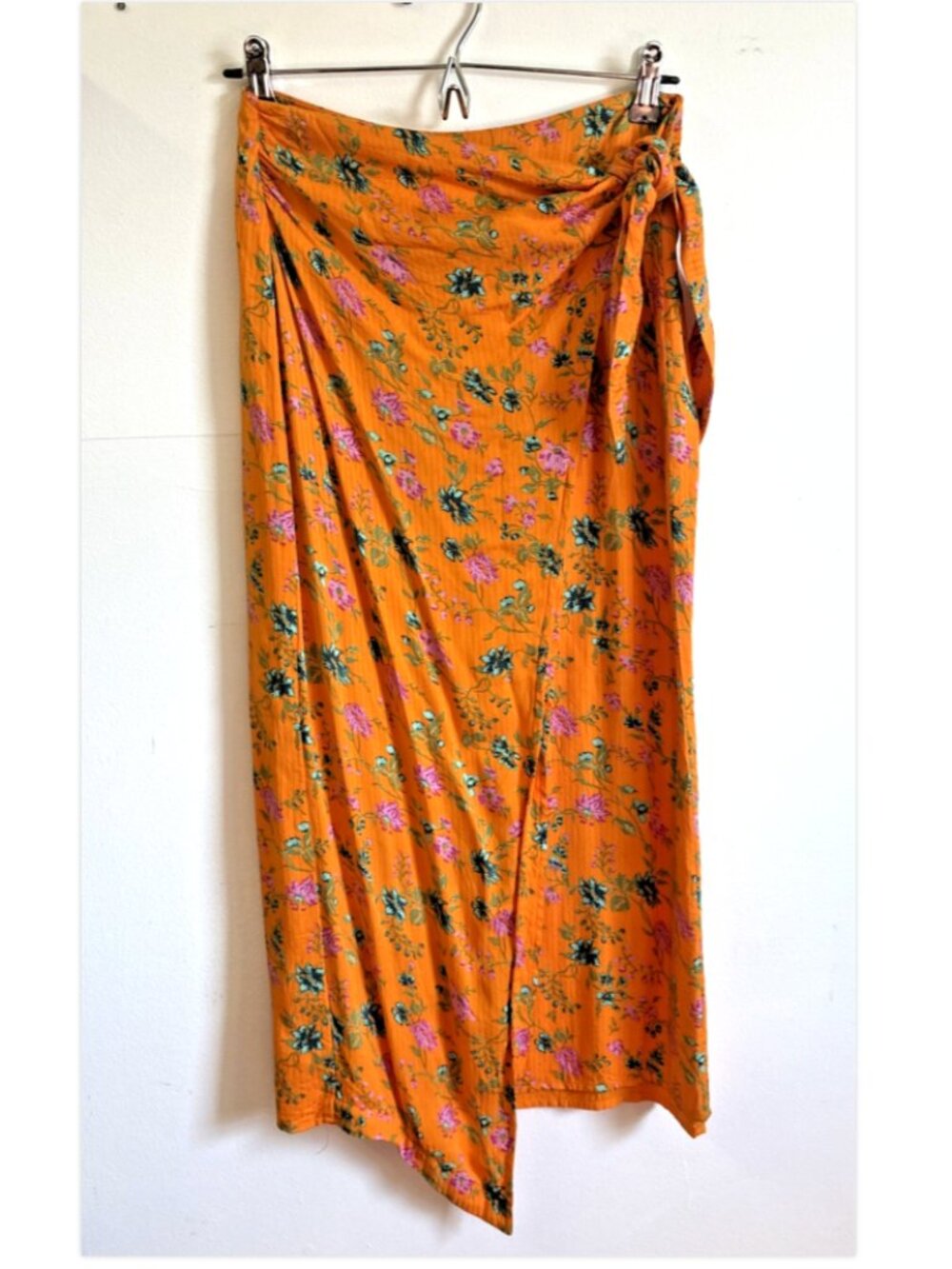 Anthropologie Orange Floral Wrap Skirt Long Beach Boho Vacation Style Size XS